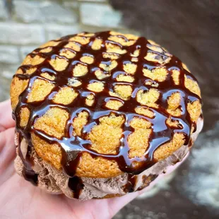 a hand holding a chocolate covered donut