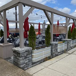 outdoor seating area with red umbrellas