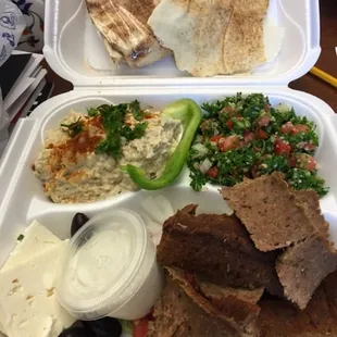 Nellie's combination plate with gyro, cucumber sauce, the best tabouli anywhere, feta, olives and baba ganoush (instead of hummus)