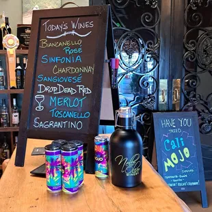 Today's Wines list on 7/29/23. Cali Mojo in the colorful can is a red wine spritzer that is also available on tap.