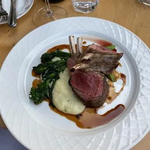 Rack of lamb, Yukon gold potato purée, rapini, and balsamic jus