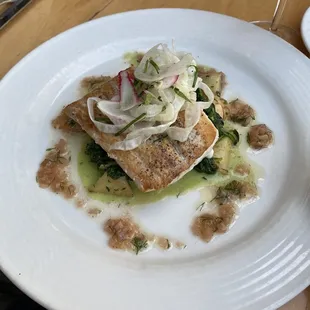 Mahi Mahi with parsnips, creamed spinach and rhubarb, and dill vinaigrette