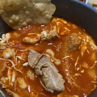 Pozole and freshly fried tostada