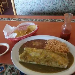 Chile verde burrito with rice and beans