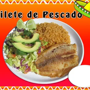a plate of fish and rice