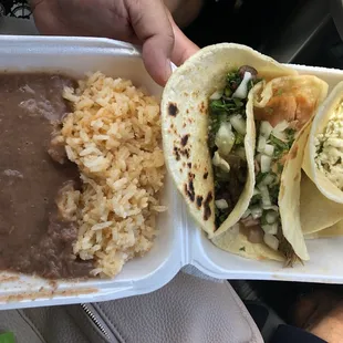 Rice and beans, chicken/steak/pork tacos