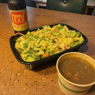 Cajun chicken salad, beef Spätzle soup and a tasty root beer.