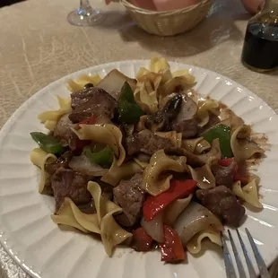 Beef tips over noodles...amazing flavor