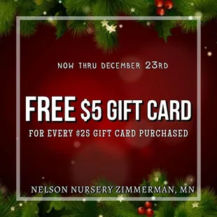 FREE $5 Gift card with every $25 gift card purchased | Now thru Dec 23rd | No limit | In store only
