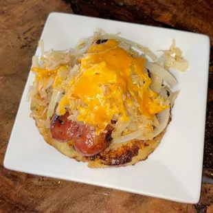 Potato Pancake Stack, with Kraut and Sausage