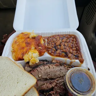 Brisket plate with mac and cheese and baked beans. DELICIOUS!