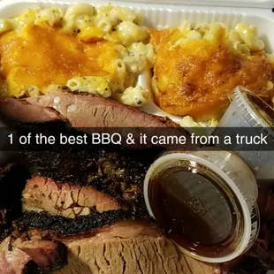 2 meat plate with brisket and ribs with double mac.