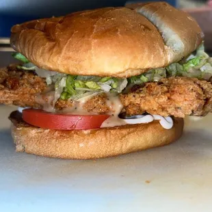 a fried chicken sandwich on a bun