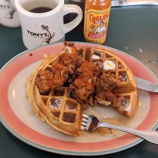 Tony&apos;s coffee, chicken and waffles