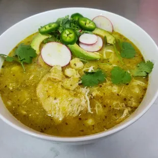 Green Chicken Pozole soup. Pozole Verde. Soup specials only on Saturdays.