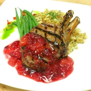 Doublecut Duroc Pork Chop, Grain Mustard Spaetzle, Plum Chutney
