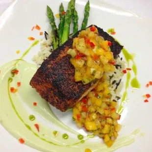 Blackened Salmon, Mango Salsa, Avocado Cream