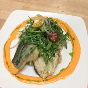 Rainbow Trout, Arugula Salad, Roasted Pepper Coulis