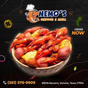 CRAWFISH SEASON IS BACK!
Crawfish: $11.99/lb
Crawfish + 0.5 lb shrimp for only $39.99
Boiled combination: 1 lb Snow Crab + 1.5 l