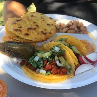 Street tacos with Al pastor and Asada with rice and beans. All FRESH ingredients