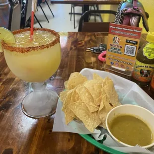 Chips, house margarita (lime) and their salsa is like NO ONE else, I loveeee it