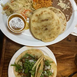 Pupusas revuelta and tacos al pastor.
