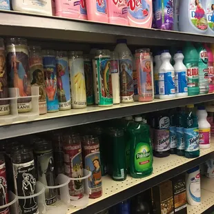 a shelf full of cleaning products