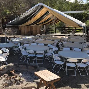 20 x 20 heavy duty tent with drapes (lights include)
White folding chairs
60' round tables