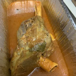Lamb shank--this is huge! My sis says the meat was tender and delicious.