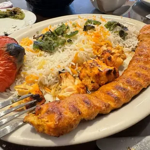 This combo chicken kebab and ground chicken kebab plate is excellent and the rice with saffron is perfect