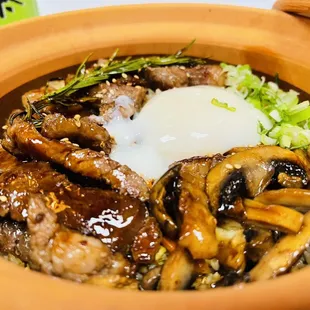 Clay pot fried rice with sousvide ribeye steak and mushroom