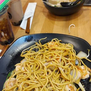 P12. Small Pho  N1. Garlic Noodles (Shrimp)   Brown Sugar Milk Tea  Vanilla Chai Milk Tea