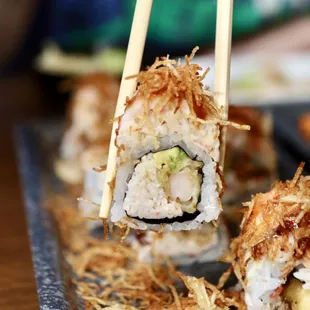 a close up of a sushi roll