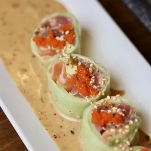 a close up of the sushi