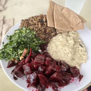 Tabouleh, Baba Ghanouj, beet salad, Lentil Salad