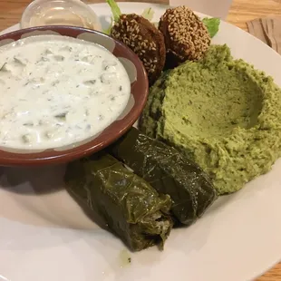 Tatziki, Cilantro Jalapeno Hummus, Grape Leaves, Falafel