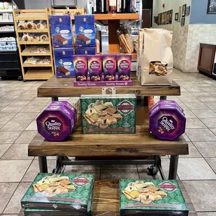 a display of cookies and snacks