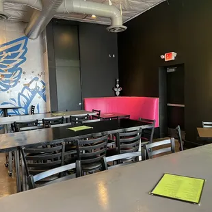 a neon sign in the background