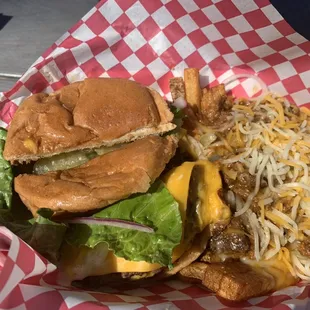 Cheeseburger and chili cheese fries.