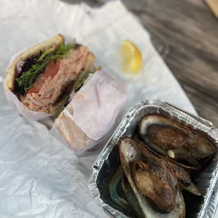 Smoked Salmon BLT Sandwich and 1/2 Dozen Smoked Mussels