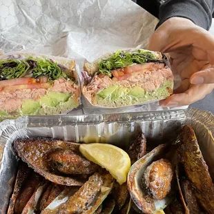 Smoked mussels and Smoked Salmon Salad Sandwich