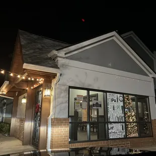 the outside of the building at night