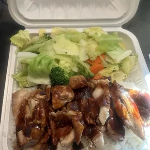Chicken teriyaki plate with spicy sauce.