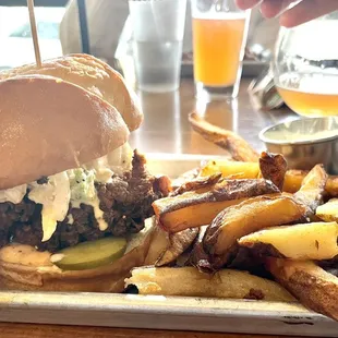 Chicken sandwich with fries and everything ranch