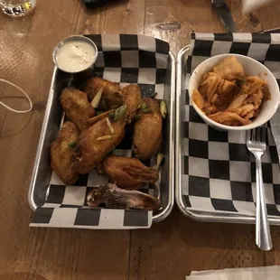 Old bay wings and a side of home made kimchi