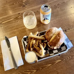 BALTIMORE HOT CHICKEN SANDWICH, with side of fries and horseradish tiger sauce and lemon sage yerba mate
