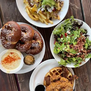 Barnyard Fries, Soft Pretzels, Chicken &amp; Waffle, and NEPO Salad