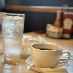 a cup of coffee and a glass of water