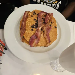 Chocolate chip pancake with bacon, my son enjoyed his food