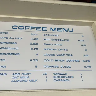 Coffee menu